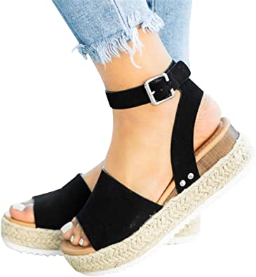 Photo 2 of Athlefit Women's Platform Sandals Espadrille Wedge Ankle Strap Studded Open Toe Sandals. size 12