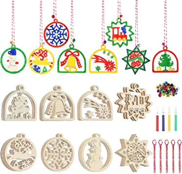 Photo 1 of 100 Pieces Unfinished Wooden Hanging Ornaments Set Includes 32 DIY Wood Slices 32 Bells 32 Ropes and 4 Pens, Christmas Natural Wood Ornaments with Holes for Party Home Decor Holiday Centerpieces Craft