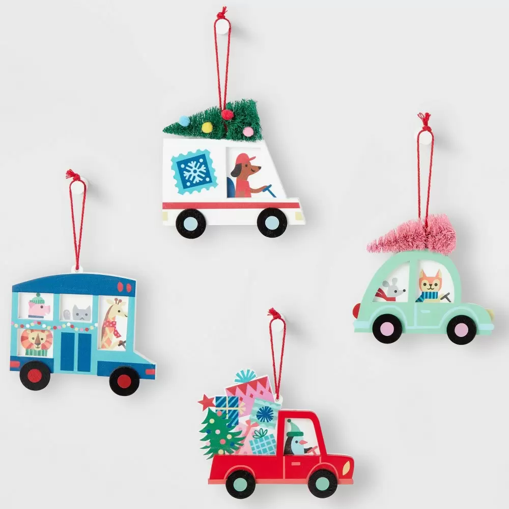 Photo 1 of 4ct Wood Vehicle Christmas Tree Ornament Set Blue/Red/White/Green  -- FACTORY SEALED --