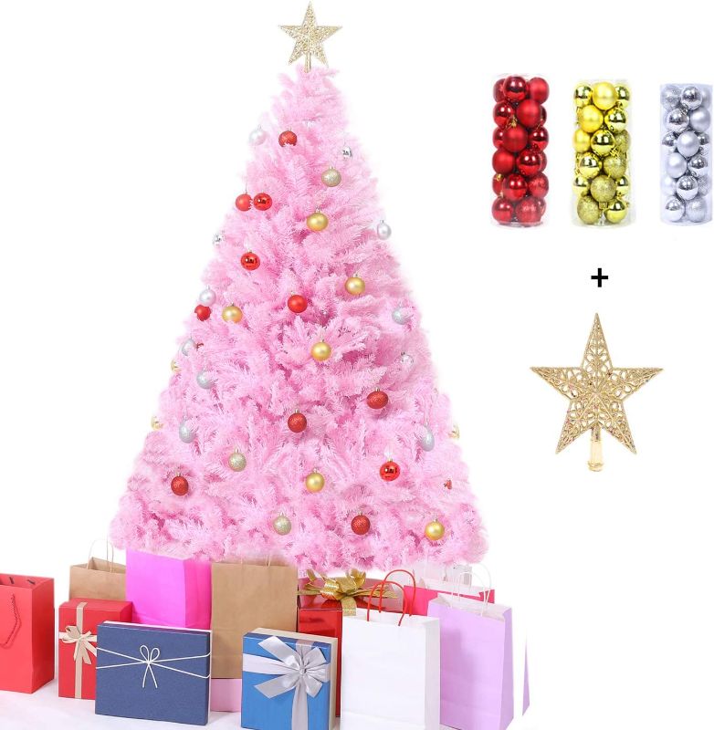 Photo 1 of 4ft/5ft/6ft Premium PVC Artificial Christmas Tree, with Christmas Tree Ornaments and Star Topper, for Xmas Holiday Home Indoor Outdoor Decoration, Foldable Metal Stand (Pink,5ft)
