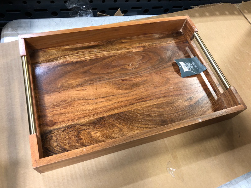 Photo 2 of  Wood Acacia Serving Tray with Brass Handles  