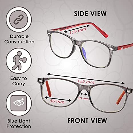 Photo 3 of Blue Light Blocking Glasses Girls & Boys | Anti Eyestrain Blue Light Glasses Kids Computer Gaming Glasses (Ages 3-10) | Flexible Grey Square Frames with Red Temples Video Phone Screen Eyeglasses
