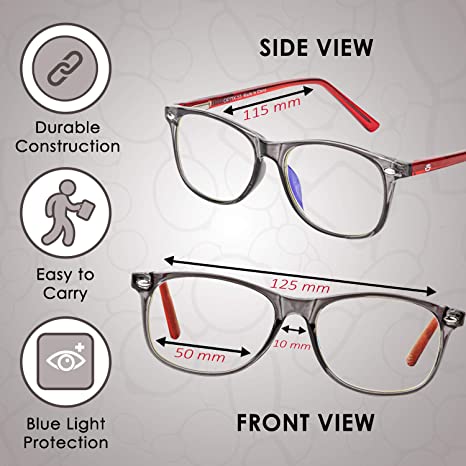 Photo 3 of Blue Light Blocking Glasses Girls & Boys | Anti Eyestrain Blue Light Glasses Kids Computer Gaming Glasses (Ages 3-10) | Flexible Grey Square Frames with Red Temples Video Phone Screen Eyeglasses