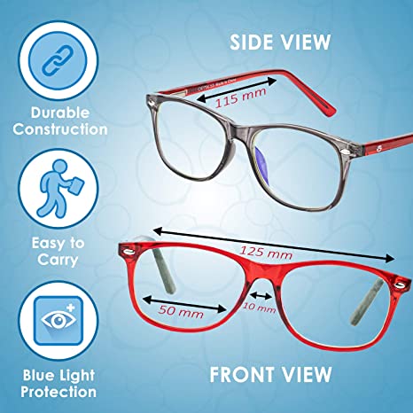 Photo 3 of Blue Light Blocking Glasses Girls & Boys | Anti Eyestrain Blue Light Glasses Kids Computer Gaming Glasses (Ages 3-10) | Flexible Grey Square Frames with Red Temples Video Phone Screen Eyeglasses