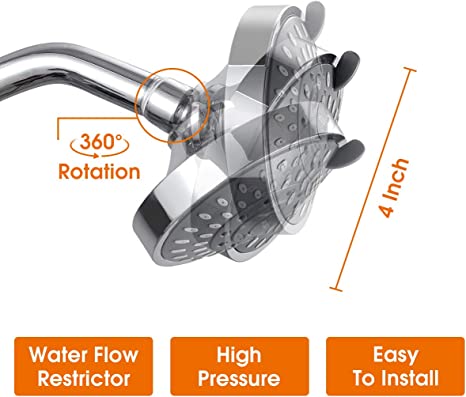 Photo 1 of Cobbe High Pressure Shower Head, 4 Inches 5-Setting Rain Fixed Showerhead with Adjustable Metal Swivel Ball Joint, High Flow Shower Head Tool-Free to Enjoy Life