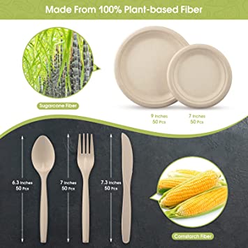 Photo 2 of  Disposable Paper Plates Set with Cutlery, Compostable Biodegradable Eco-Friendly Dinnerware & Utensil Include Plate, Larger Fork, Knife & Spoon for Party, Camping, Picnic, BBQ (Natural)