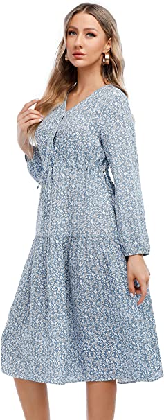 Photo 1 of Joyours Womens Casual Dress Summer Plus Size V Neck Floral Dress Loose Boho Midi Dresses A Line Long Sleeve Dress SIZE XL PLUS 
