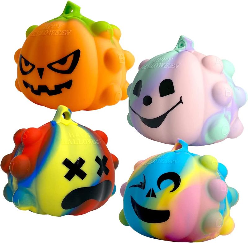 Photo 1 of 4PCS Halloween 3D Pumpkin Pop Fidget Toys with Flashing LED Light, Push Pops Bubble Sensory Toy,Silicone Squeeze Popping Fidget It Toy Packs Gifts for Kids,Stress Relief Anxiety ADHD Special Popper
