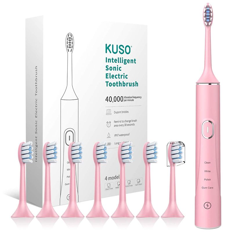 Photo 1 of Kuso Real Ultrasonic Rechargeable Electric Toothbrush, 4 Modes with Smart Timer, 8 Brush Heads Included, 4 Hour Charge Last 30 Days for Oral Care Whitening(Pink)
