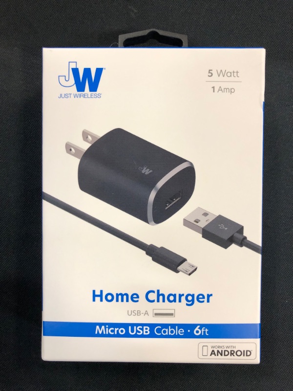 Photo 2 of Just Wireless 1.0A/5W 1-Port USB-A Home Charger with 6ft TPU Micro USB to USB-A Cable - Black-----fatory sealed