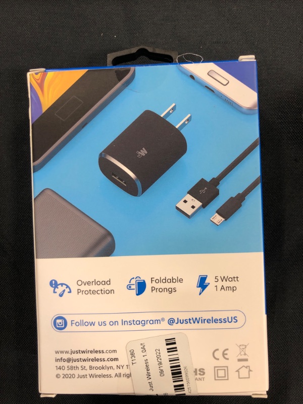 Photo 3 of Just Wireless 1.0A/5W 1-Port USB-A Home Charger with 6ft TPU Micro USB to USB-A Cable - Black-----fatory sealed