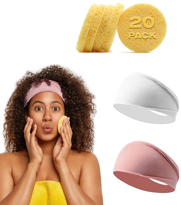 Photo 1 of 20 Count Compressed Facial Sponges with 2 CT Spa Headbands for Facial Cleansing, Makeup Removal | 100% Natural Cellulose Cosmetic Spa Face Sponge - Reusable - 2 PCK