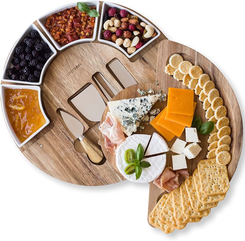 Photo 2 of Cheese Board Set - Charcuterie Board Set and Cheese Serving Platter - Made from Acacia Wood - US Patented 13 inch Cheese Cutting Board and Knife Set for Entertaining and Serving - 4 Knives and 4 Bowls
