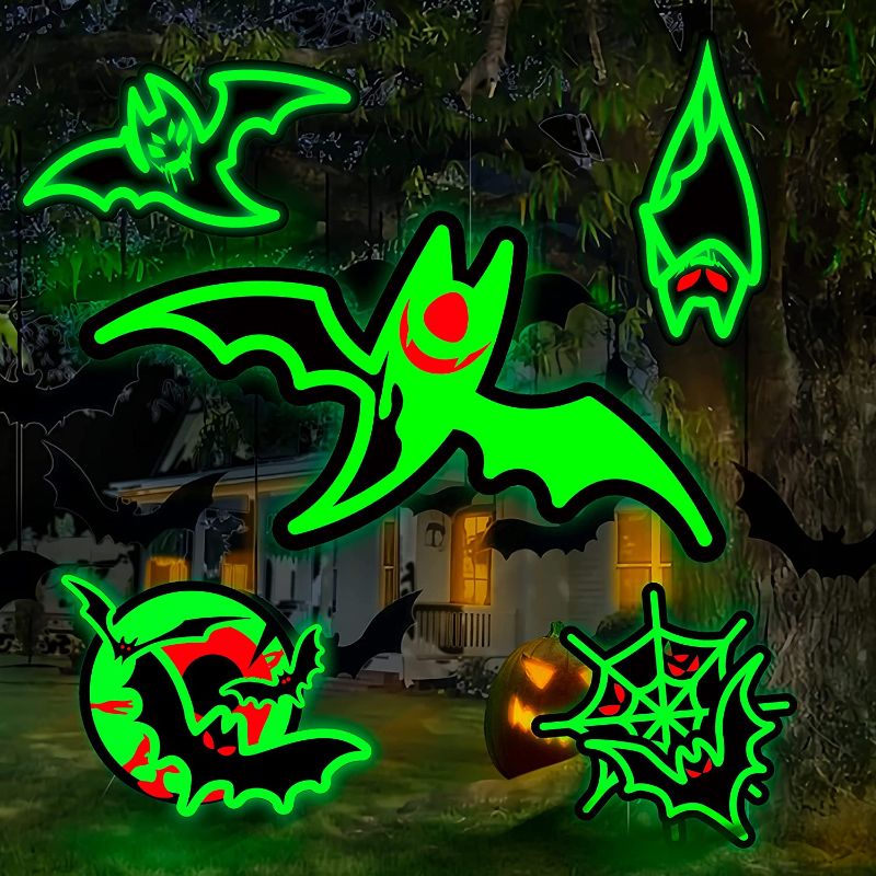 Photo 1 of 5 Pcs Halloween Decorations Outdoor DamonLight Glow in the Dark Halloween Bats Yard Signs with Stakes Scary Silhouette Yard Lawn Garden Halloween Decor Hang in Trees

