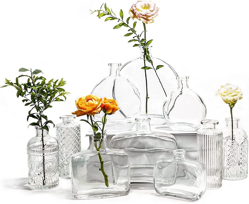 Photo 1 of Bud Vase Set of 10, Clear Assorted Small Glass Vase Set in Bulk, Vintage Centerpiece Vases for Flowers, Decorations for Wedding, Rustic Farmhouse Decor, or Shelf Display
