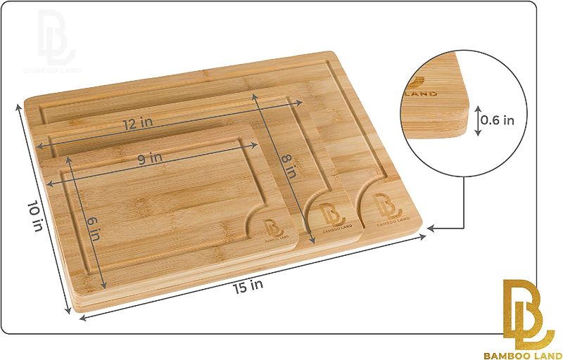 Photo 1 of BAMBOO LAND (3 PCS) Cutting Board Set for Kitchen, Chopping Boards with 3 Multifunctional Veggie and Fruit Peelers for Kitchen, set of 3 Charcuterie boards, Meat Cutting Board, Vegetable Cutting Board
