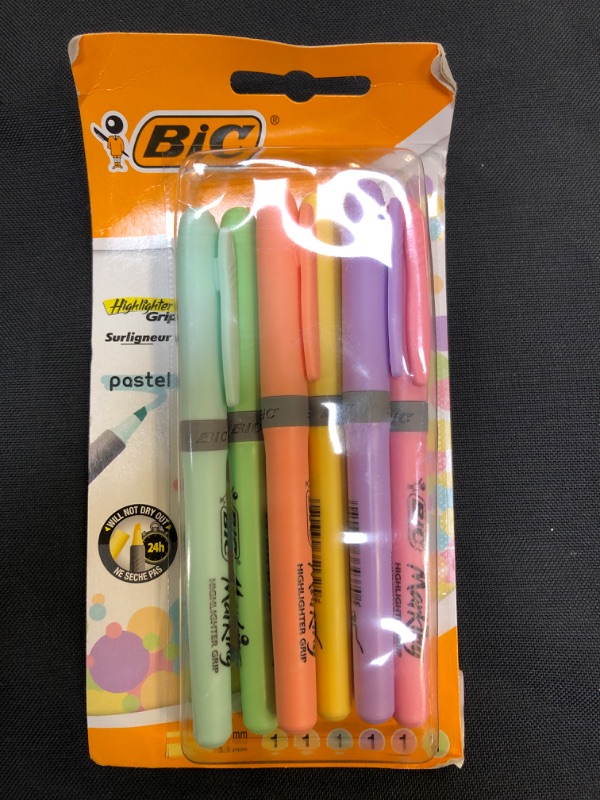 Photo 2 of BIC Highlighter Grip Pastel, Highlighter Pens with Adjustable Chisel Tip, Rubber Grip for Extra Comfort, Assorted Colours, Pack of 6 Assorted Colours Beveled Tip Markers