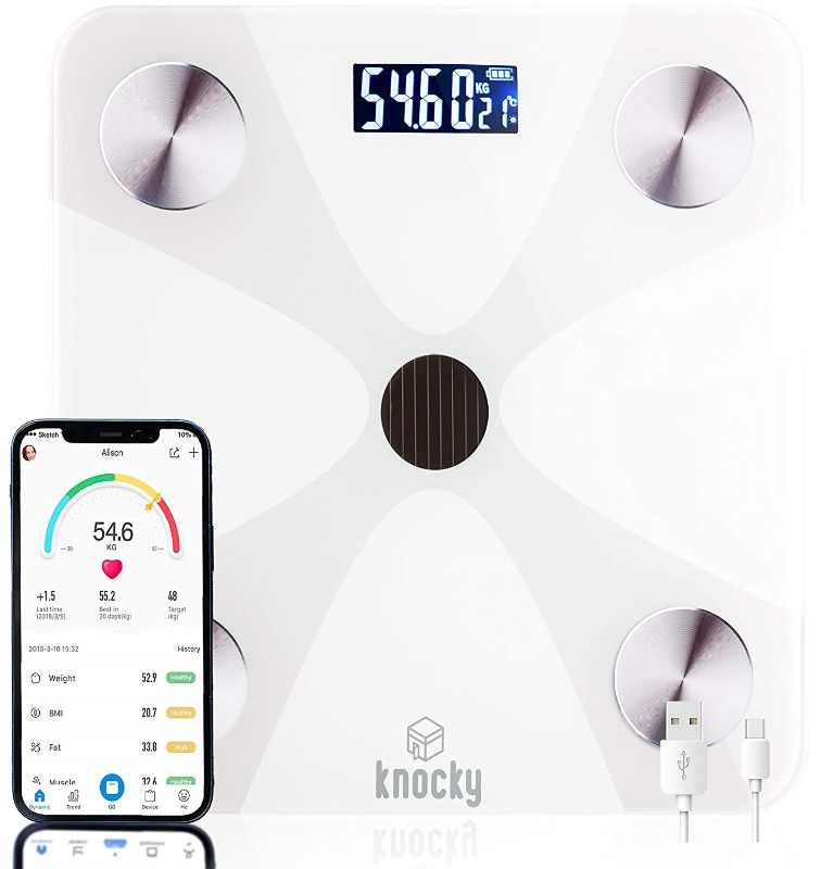 Photo 1 of KNOCKY, Scale for Body Weight and BMI, Digital Bathroom Scale, Body Fat Scale, Body Composition Analyzer, Battery-Free, Bluetooth, 396 lb, White
