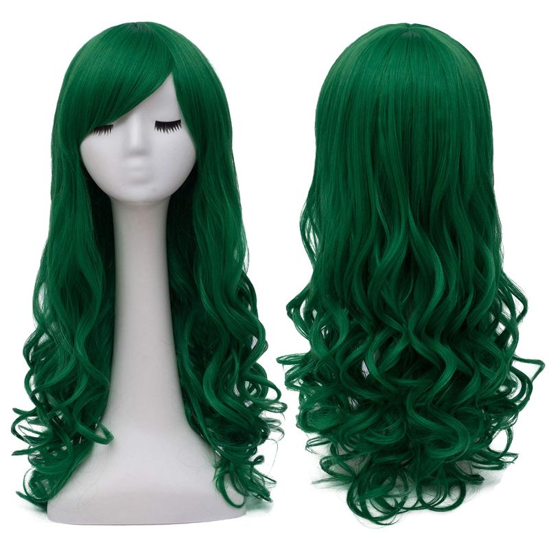 Photo 1 of Bopocoko Green Wigs for Women Long Curly Hair Wig with Bangs Heat Resistant Synthetic Wigs for St Patricks Day Party Halloween BU156GR
