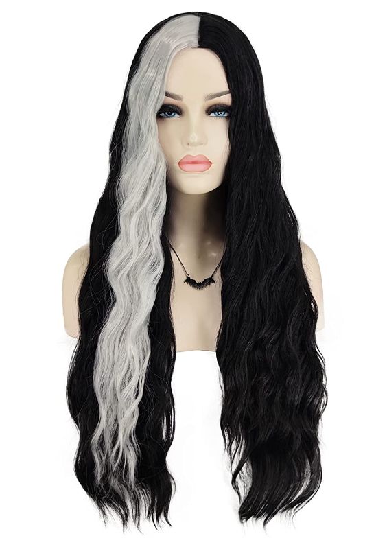 Photo 1 of Mildiso Lily Munster Wig Costume Women Girls Balck Silver Hair Wig Long Curly Wavy Hair with Wig Caps Cute Colored Wigs for Party Halloween M117BW
