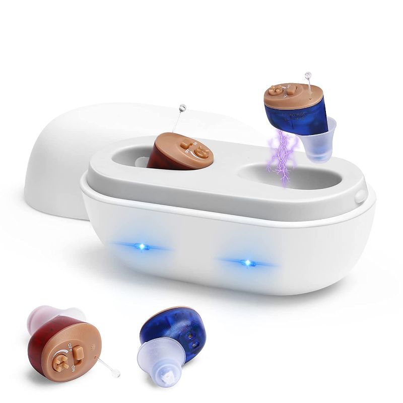 Photo 1 of Rechargeable Hearing Aids for Seniors, Sound Amplifier to Aid Adults Hearing, Mini Completely-in-Canal Hearing Enhancer Earbuds for Adults/Elderly, Noise Cancelling, Blue & Red(Pair)
