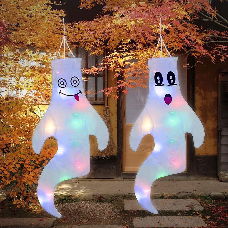 Photo 1 of 43" Halloween Ghost Windsocks Hanging Decorations with LED Light for Halloween Garden Pathway Party Decoration, Halloween Outdoor Decoration (2 PCS)
