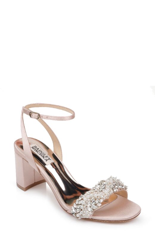 Photo 1 of Badgley Mischka Clara  Women's Clara Embellished Block Heel Sandals COLOR IS BLUSH SATIN,  ROSEGOLD WEDDING DRESSY PARTY HEELS , SIZE 7.5 