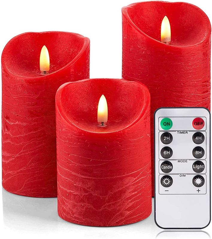 Photo 1 of YHHER Red Flameless Candles Battery Operated LED Candles Set of 3(D:3" x H:4" 5" 6"),Real Wax Pillar Flickering Candles with 10-Key Remote and Cycling 24 Hours Timer for Party Christmas Decoration
