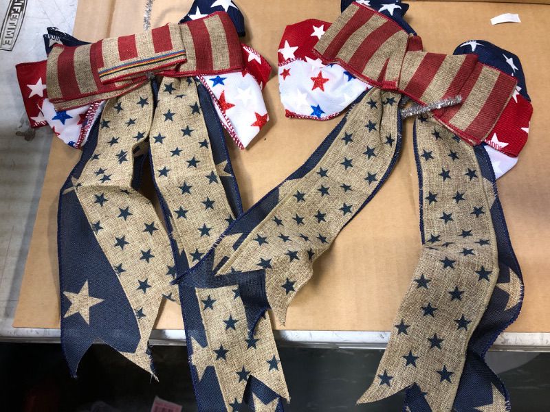 Photo 2 of 2 Pcs Patriotic Wreath Bow, Stars and Stripes Burlap Bows 16x8 in