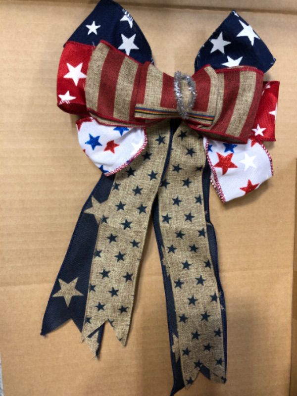 Photo 1 of 2 Pcs Patriotic Wreath Bow, Stars and Stripes Burlap Bows 16x8 in