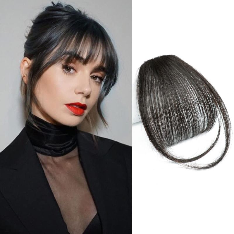 Photo 1 of Bangs Hair Clip in Bangs Human Hair for Women Wispy Bangs Fringe with Temples Hairpieces Clip on Air Bangs Flat Neat Bangs Hair Extension for Daily Wear (Natural Black)
