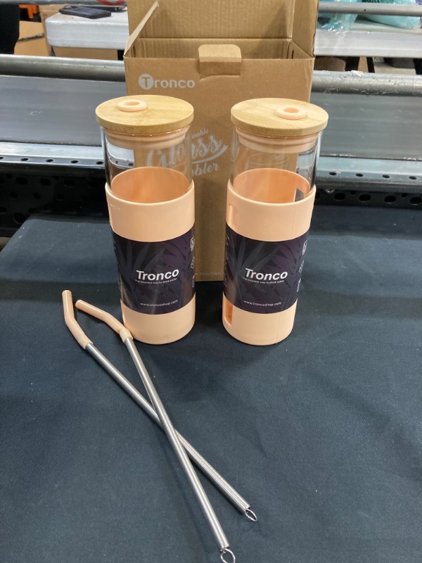 Photo 2 of 2Pack--tronco Glass Tumbler with Bamboo Lid and Straw,24OZ Reusable Iced Coffee Cup,Smoothie Cups,Glass Travel Water Bottle,See Through Silicone Sleeve With Measurement,Dishwasfer Safe,Spill Proof Light Ambe 24oz 