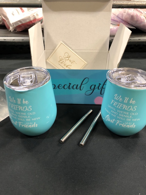 Photo 2 of 2Pack Friends Wine Tumbler, We Will Be Friends Until We Are Old And Senile, Good Friends Gifts for Sister, BFF, Besties, Her, 12 oz Wine Tumbler with Lids Straws and Brushes ( Mint Green)