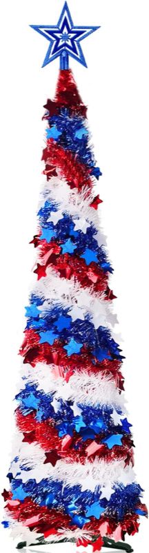 Photo 1 of 5.3 Ft Prelit Pencil Christmas Tree Decor Star Sequins Battery Operated Tinsel Pop Up Slim Artificial Xmas Tree Home Party Indoor Outdoor Christmas Decoration (Red & Blue & White)
