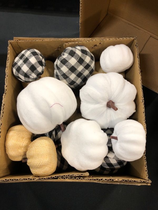Photo 1 of 16 Pcs Artificial Pumpkins Assorted Fall Pumpkins White Pumpkins Burlap Pumpkins Rustic Pumpkins for Fall Harvest Thanksgiving Halloween Fireplace Decorations
