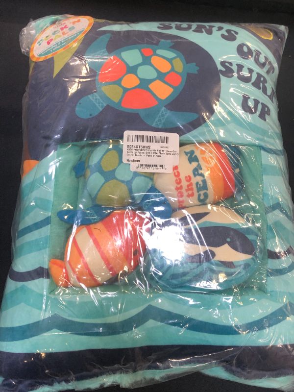 Photo 2 of KIDS PREFERRED Peek n Cuddle 16” Suns Out Surfs Up Pillow with Three Plush Toys and Clip On Pal Inside, 5 Piece Set