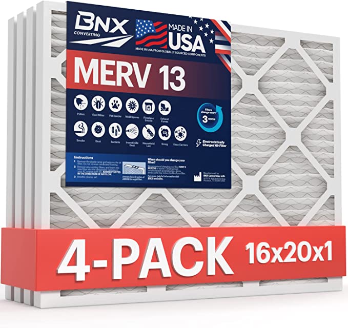 Photo 1 of BNX 16x20x1 MERV 13 Air Filter 4 Pack - MADE IN USA - Electrostatic Pleated Air Conditioner HVAC AC Furnace Filters - Removes Pollen, Mold, Bacteria, Smoke