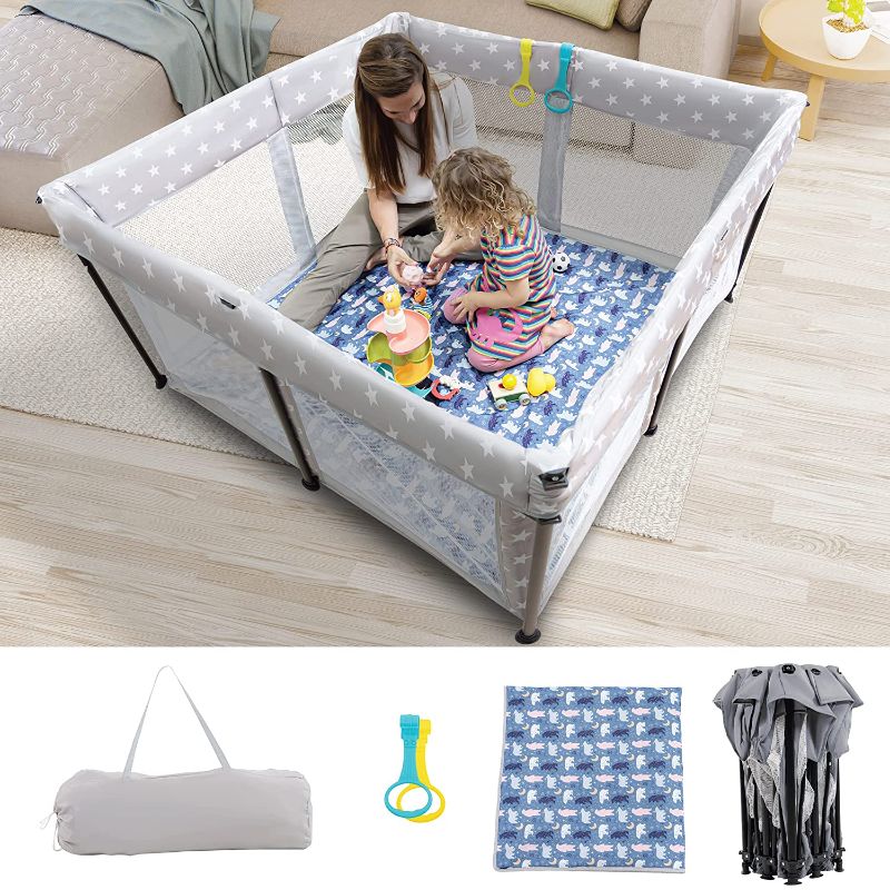 Photo 1 of BABY K Foldable Baby Playpen with Mat (Grey with Stars 50"x27"x50") - Portable Play Yard for Baby & Toddler - Gated Foldable Playpen with Simple Folding System - Baby Play Area with Breathable Mesh