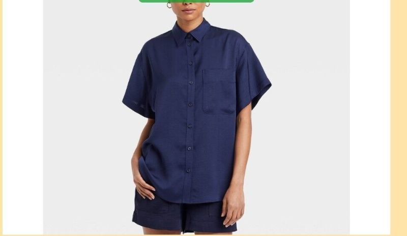 Photo 1 of A New Day Women's Short Sleeve Satin Button-Down Shirt Navy Blue-- SIZE L 

