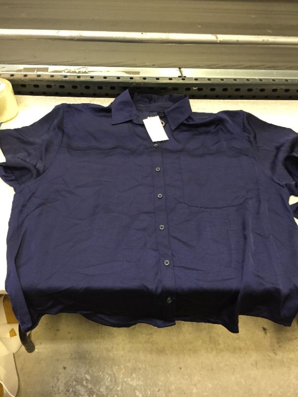 Photo 2 of A New Day Women's Short Sleeve Satin Button-Down Shirt navy blue- SIZE M 

