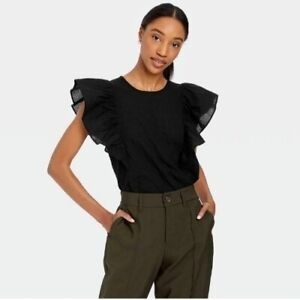 Photo 1 of A New Day Women Black Blouse Ruffle Short Sleeve Shirt, Size S
