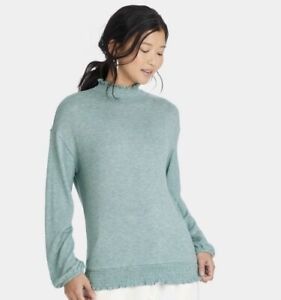 Photo 1 of A New Day Heathered Teal High Neck Smocked Long Sleeve Top Size L
