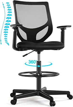 Photo 1 of Drafting Chair, Tall Office Chair with Adjustable Foot Ring and Armrest, Standing Desk Chair with Ergonomic Lumbar Support, Breathable Mesh, 360 Degree Swivel Rolling for Standing Desk