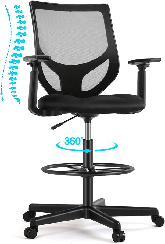 Photo 1 of Drafting Chair, Tall Office Chair with Adjustable Foot Ring and Armrest, Standing Desk Chair with Ergonomic Lumbar Support, Breathable Mesh, 360 Degree Swivel Rolling for Standing Desk
