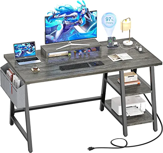 Photo 1 of Armocity Computer Desk with Outlet and USB Charging Port, 47 Inch Desk with Reversible Storage Shelves, Modern Gaming Desk with Moveable Monitor Stand and Storage Bag for Home Office Workstation, Gray
