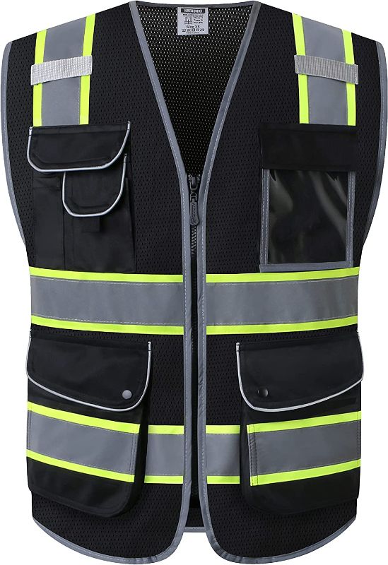 Photo 1 of JKSafety 9 Pockets High Visibility Zipper Front MESH Black Safety Vest | Black with Dual Tone High Reflective Strips | ANSI/ISEA Standards (100-Black, L)
