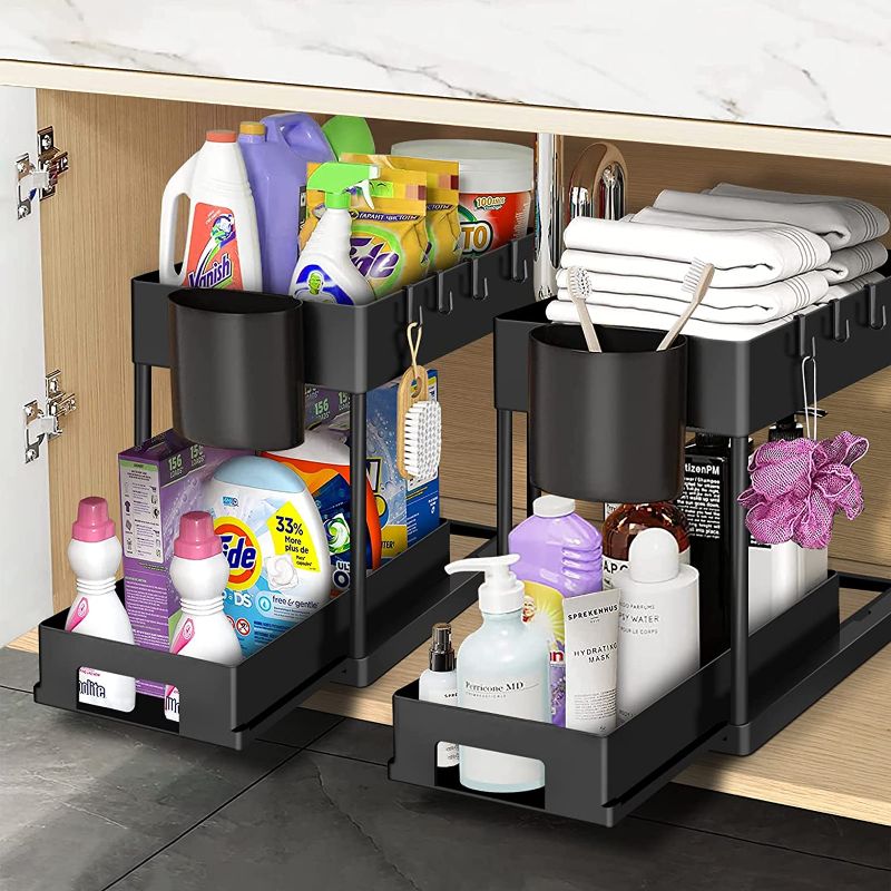 Photo 1 of 2 Pack Under Sink Organizers and Storage With Sliding Storage Drawers Basket,2 Tier Bathroom Organizer Under Sink,Kitchen Cabinet Organizers And Storage Rack With Hooks,The Bottom Can Be Pull Out
