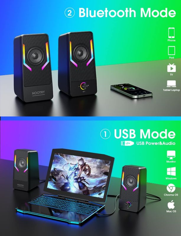 Photo 1 of Computer Speakers, RGB Gaming Desktop Speakers with 7Color Backlit, 10W USB Powered Volume Control Monitor Speaker, 2.0CH Stereo Laptop Speaker, Bluetooth&USB Audio for PC, Monitor, Mac, Tablet, Phone
