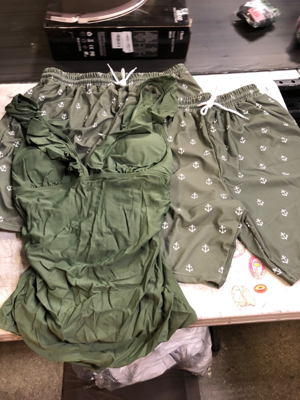 Photo 1 of 3-PIECE MATCH SWIMUIT  - ONE-PIECE SWIMSUIT SIZE SMALL -- SHORTS ARE SIZE SMALL AND MEDIUM -- OLIVE GREEN 