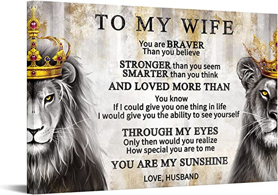 Photo 2 of DuoBaorom Large Grey and Gold Lion Animal Wall Art To My Wife Lion King and Queen with Crown Motivation Quotes Artwork for Home Bedroom Decor Stretched and Framed Ready to Hang 24x36inch